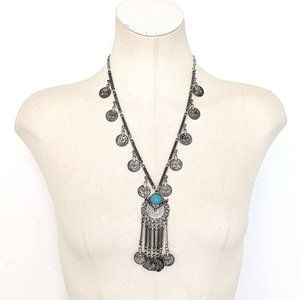 Antique Boho Ethnic Blue Stone Silver-Tone Dangling Coins Statement Necklace